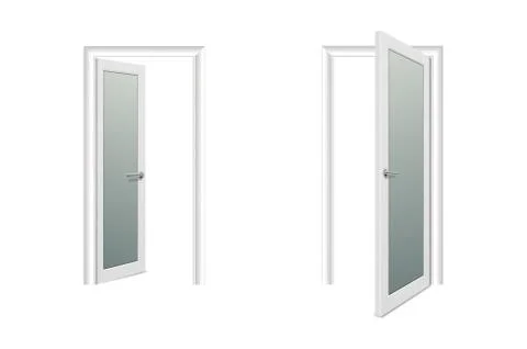 Vector Realistic Different Opened and Closed White Wooden Door Icon Set Closeup イラスト素材