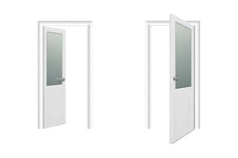 Vector Realistic Different Opened and Closed White Wooden Door Icon Set Closeup イラスト素材