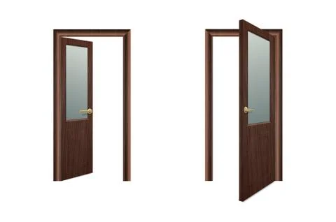 Vector Realistic Different Opened and Closed White Wooden Door Icon Set Closeup Stock Illustration