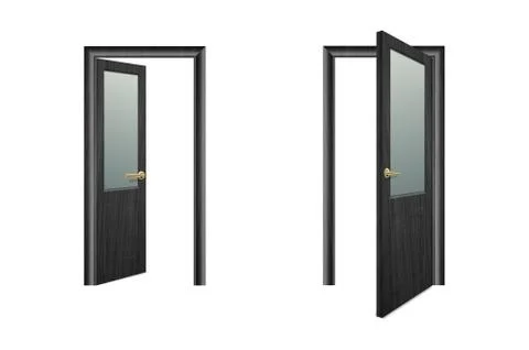 Vector Realistic Different Opened and Closed Black Wooden Door Icon Set Closeup Stockillustratie