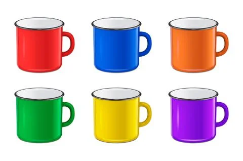 Vector realistic enamel metal red, blue, green and yellow mug set isolated on Stock Illustration