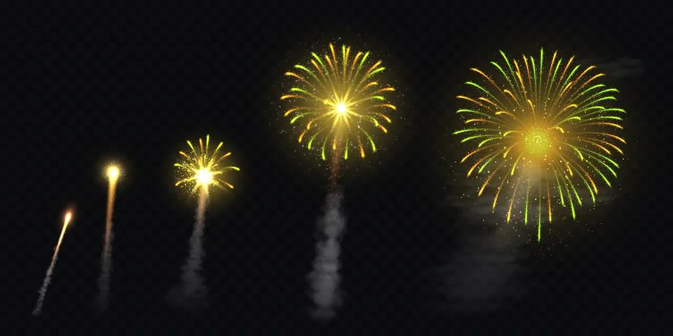 Vector realistic firework illustration, with launch, fiery smoke trail Stock Illustration