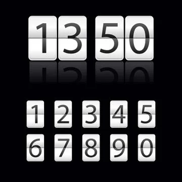 Vector realistic flip clock number font isolated on black. White Flip clock time Stock Illustration
