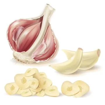 Vector realistic garlic, peeled cloves and slices Stock Illustration