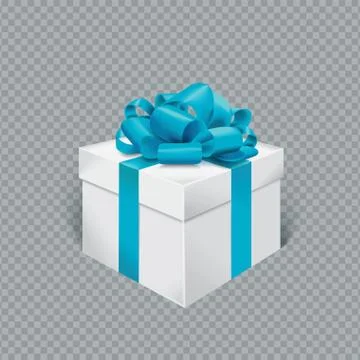 Vector realistic gift box with blue ribbon and bow. Transparent background. Stock Illustration