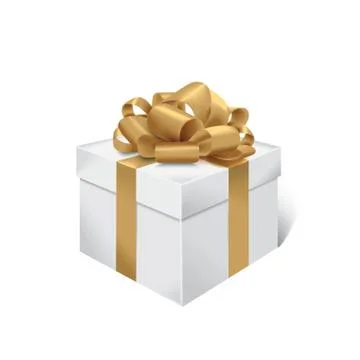 Vector realistic gift box with gold ribbon and bow. Stock Illustration
