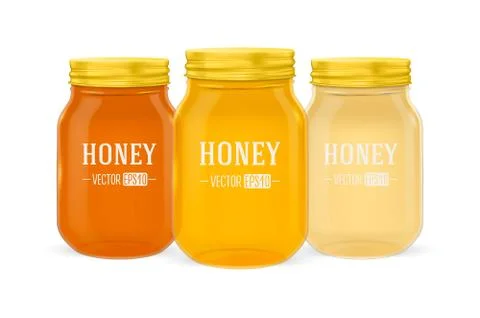 Vector realistic glass jar of honey set with golden lid closeup isolated on Illustrazione stock