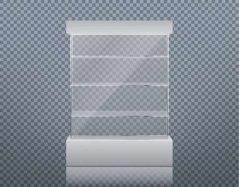 Vector realistic glass square showcase. Empty glass box on a white podium iso Stock Illustration