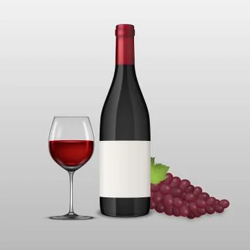 Vector realistic grapes brunch, wine glass and bottle of red wine illustartion Stock Illustration