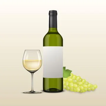 Vector realistic grapes brunch, wine glass and bottle of white wine illustart Illustrazione stock