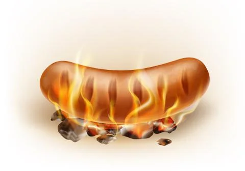 Vector realistic grilled sausage roasted on coals and fire Illustrazione stock