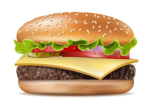 Vector Realistic Hamburger Classic Burger American Cheeseburger with Lettuce Illustrazione stock