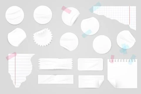 Vector realistic illustration set of white round and rectangular stickers, .. Illustrazione stock