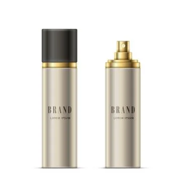 Vector realistic illustration of a spray bottle of silvery color with a golden Stock-Illustration