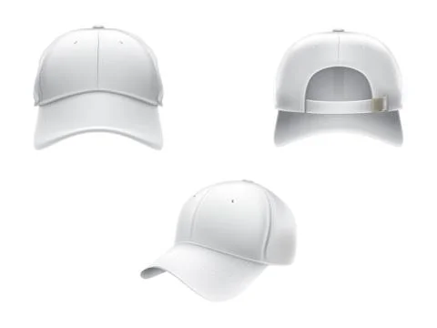 Vector realistic illustration of a white textile baseball cap front, back and Stock Illustration