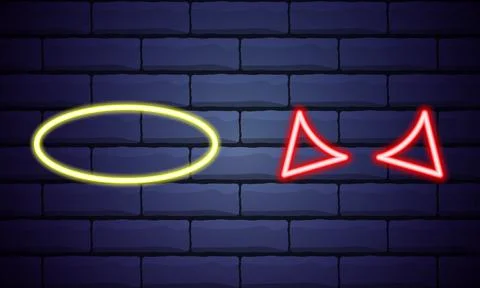 Vector realistic isolated neon sign of Angel Nimbus and Devil Horns logo for  Illustrazione stock