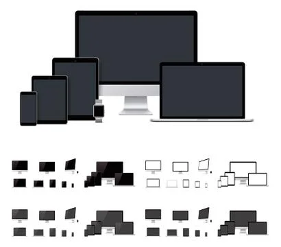Vector realistic laptop, desktop computer, mobile, tablet, smartwatch templates Stock Illustration