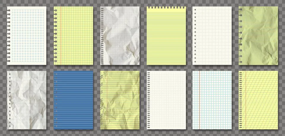 Vector realistic note paper pack isolated. White, retro, yellow and blue. New, Stock Illustration