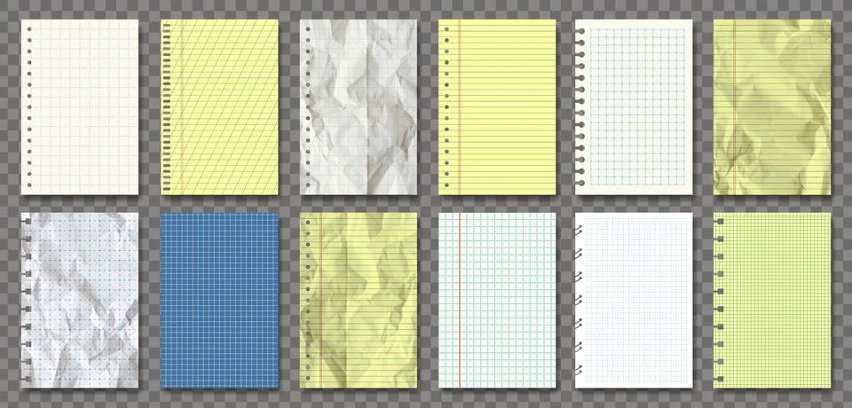 Vector realistic note paper pack isolated. White, retro, yellow and blue. New, Stock Illustration