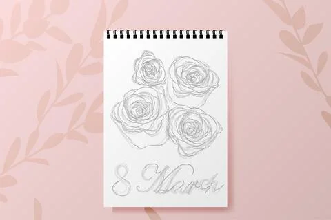 Vector. Realistic notepad, paper, a sketch of a bouquet of roses. Stock Illustration