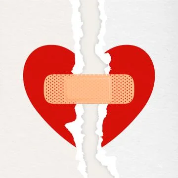 Vector Realistic Paper Textured Torn Heart with Medical Patch Closeup Isolated Stock Illustration