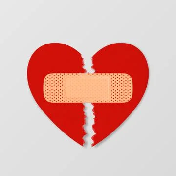 Vector Realistic Paper Textured Torn Heart with Medical Patch Closeup Isolated Stock Illustration