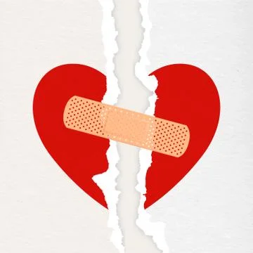 Vector Realistic Paper Textured Torn Heart with Medical Patch Closeup Isolated Stock Illustration