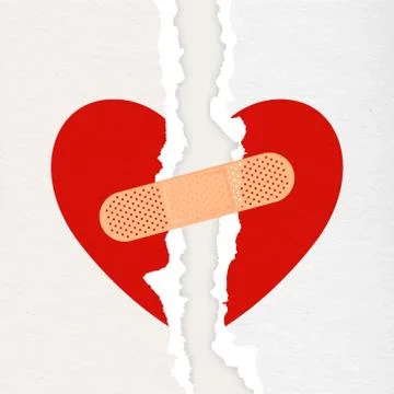 Vector Realistic Paper Textured Torn Heart with Medical Patch Closeup Isolated Stock Illustration