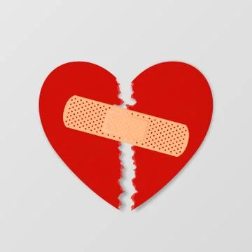 Vector Realistic Paper Textured Torn Heart with Medical Patch Closeup Isolated Stock Illustration