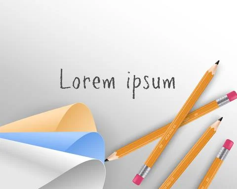 Vector realistic pencils, sharpener, shavings on notebook paper with colored 스톡 일러스트
