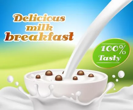 Vector realistic poster with a milk splash and milk pouring into a cup with a Stockillustratie
