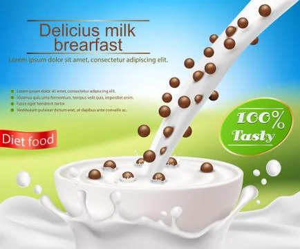 Vector realistic poster with a milk splash and milk pouring into a cup with a Stockillustratie