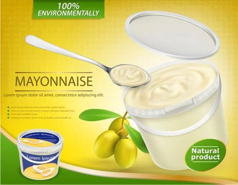 Vector realistic poster with a plastic pail filled with olive mayonnaise and a Stock-Illustration