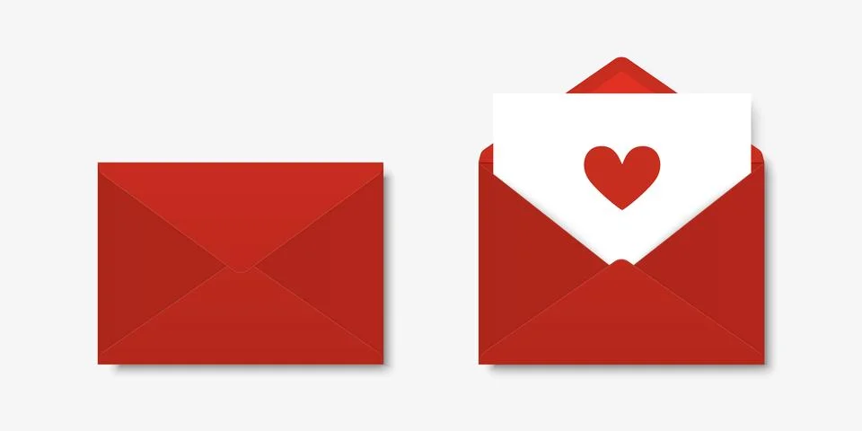 Vector Realistic Red Closed, Opened Envelope with Letter and Heart Inside Stock Illustration