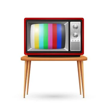 Vector Realistic Red Retro TV Set on the Wooden Table, Isolated on a White Stock Illustration