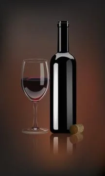 Vector realistic red wine bottle with wine glass and cork on dark background Stock Illustration