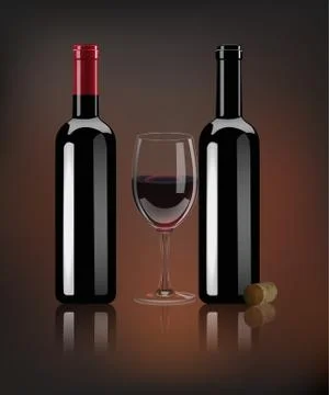 Vector realistic red wine bottles, wine cork and glass with mirror reflection Stock Illustration