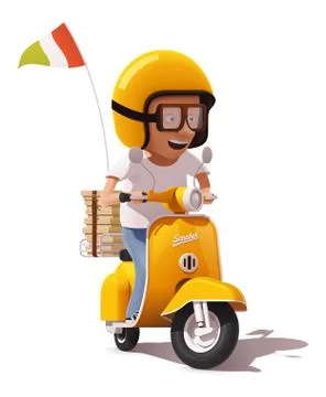 Vector realistic retro pizza delivery scooter and pizza courier driver icon Stock Illustration