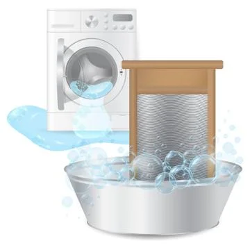 Vector realistic ribbed hand washboard in metal basin with soap Stock-Illustration
