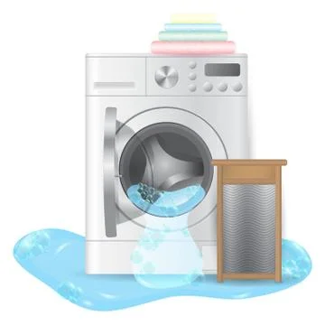 Vector realistic ribbed hand washboard and open broken washing-machine with p Stock Illustration