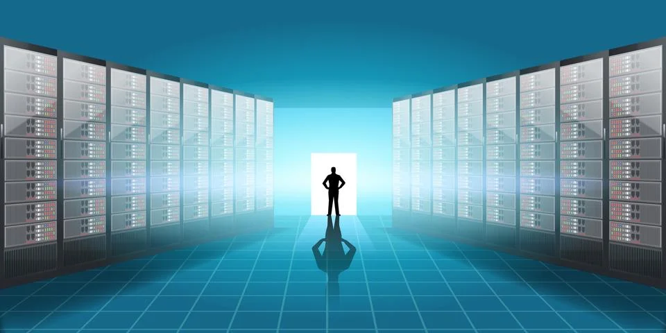 Vector Realistic Server room illustration, man silhouette in the door with light 스톡 일러스트