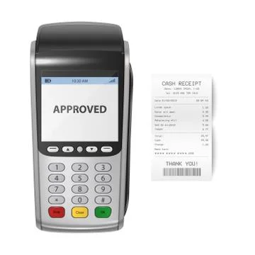 Vector Realistic Silver 3d Payment Machine. POS Terminal with Receipt Closeup Stock Illustration