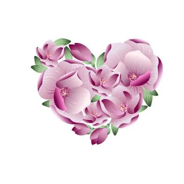 Vector realistic spring background with gentle heart love from magnolia flowers Stock Illustration