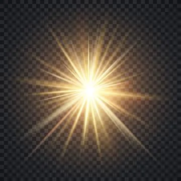 Vector realistic starburst lighting effect, yellow sun with rays and glow on Illustrazione stock