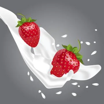 Vector realistic strawberries in milk Stock Illustration