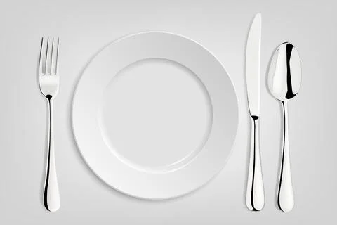 Vector Realistic Table Setting with White Plate, Fork, Knife and Spoon. Elegant Stock Illustration