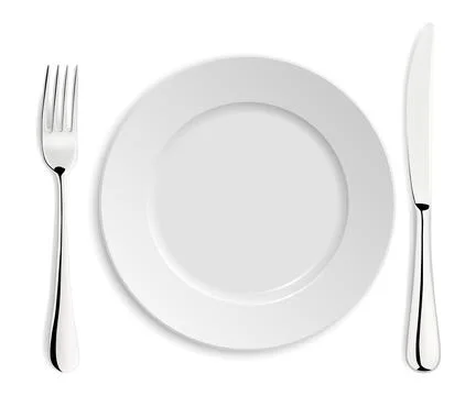 Vector Realistic Tableware with White Plate, Fork and Knife Isolated on White Stock Illustration