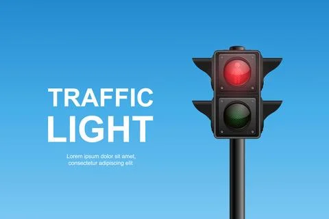 Vector Realistic Traffic Light with Red Light On. Pedestrian Signal in Focus Stock Illustration