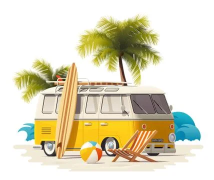 Vector realistic vintage surfer van on the beach icon Stock Illustration