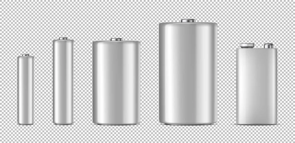 Vector realistic white alkaline batteriy icon set. Diffrent size - AAA, AA, C, D Stock Illustration